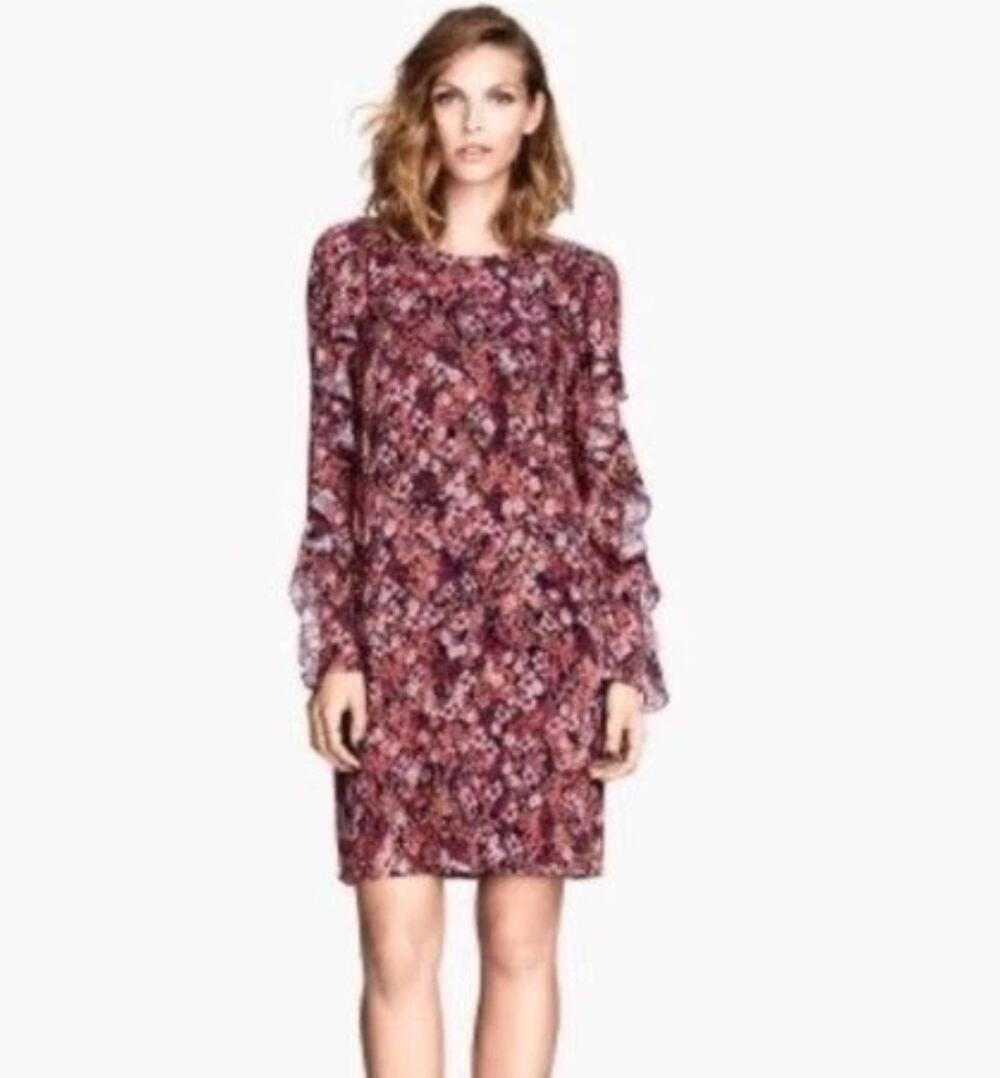 H&M Brown Multicolored Floral Ruffle Long Sleeve Dress Size 14